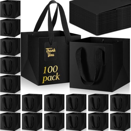 Windyun 100 Pcs Mini Paper Gift Bags with Handle 6 x 6 x 6'' Square Small Favor Bag with DIY Thank You Tag for Christmas Birthday Wedding Bridal Shower Bridesmaid Graduation Party (Black) by Windyun
