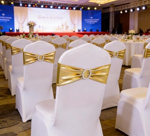 Spandex Metallic Gold Chair Sashes 100 Pack Wedding Chair Bows Bands Buckle - Image 5