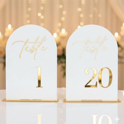 Wedding Table Numbers 1-20 with Stands,5x7 inch Arch Acrylic Table Numbers Signs with Gold Foil Embossed for Wedding Reception, Anniversary, Birthday,Party and Events Decor by Unknown