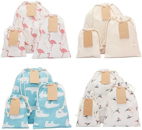 12 PCS Reusable gift bags with drawstring + 15 gift tags | Fabric gift bags in 3 Sizes | Gift wrapping alternative, storage bags, travel & party favor bags. 8th Ed. by ERIBAGZ