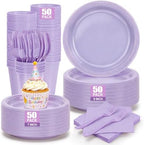 250Pcs Lavender Plastic Plates Party Supplies, Disposable 9" & 7’’Purple Dessert Plates and Napkins, Cups, Plastic Cutlery, Heavy Duty Dinnerware Set for Birthday, Baby Shower, Wedding, BBQ by UseOnceDoneRight