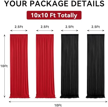 gogoparti 10x10ft Black and Red Backdrop Curtains Panels for Parties, 4 Panel 2.5x10ft Wedding Christmas Birthday Photography Background, Wrinkle Free Polyester Backdrop Curtains Drapes - Image 2