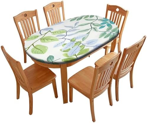Watercolor Foliage Print Oval Tablecloths Wipeable Spillproof Elastic for Bridal Shower Engagement Housewarming Wedding Fits for 52" x 70" Oval Table by ZNCTFMR