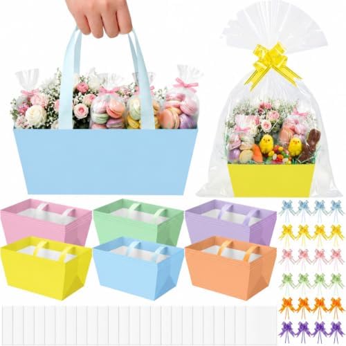Funnymoom 24 Pcs Pastel Basket for Gifts Empty Colorful Gift Basket Empty to Fill with Handle, Transparent Bag and Bow for Summer Wedding Birthday Tea Party Favor Supply, 9.8x6.5'' by Funnymoom