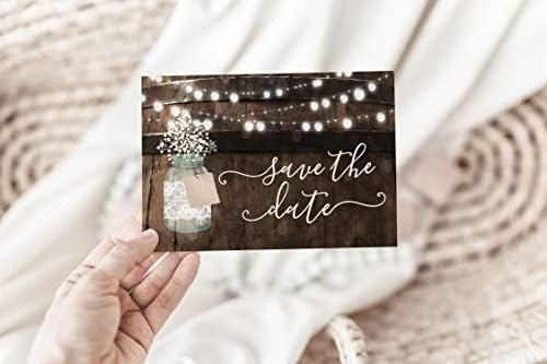 Your Main Event Prints 50 Rustic Mason Jar Save The Date Cards for Wedding, Engagement, Anniversary, Baby Shower, Birthday Party, Wood Save The Dates Postcard Invitations (Pack of 2) - Image 5