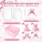 10PACK Pink Baskets For Gifts Empty, 10 x 8” Thick Paper Basket with 10 Clear Bags and 10 Pink Bows, Empty Gift Baskets for Baby Shower Valentine Bridal Birthday Party Wrapping Gift - Image 3