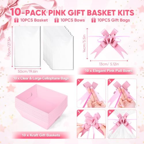 10PACK Pink Baskets For Gifts Empty, 10 x 8” Thick Paper Basket with 10 Clear Bags and 10 Pink Bows, Empty Gift Baskets for Baby Shower Valentine Bridal Birthday Party Wrapping Gift - Image 3