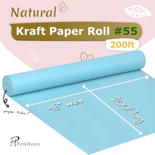PerkHomy 48" x 2,400" (200') Light Blue Kraft Paper Roll for Craft Bulletin Board Paper Art Table Covering Crafting Gift Wrapping Bouquet Packing Parcel 80GSM 55LB (Light Blue, 48" x 200') - Image 2