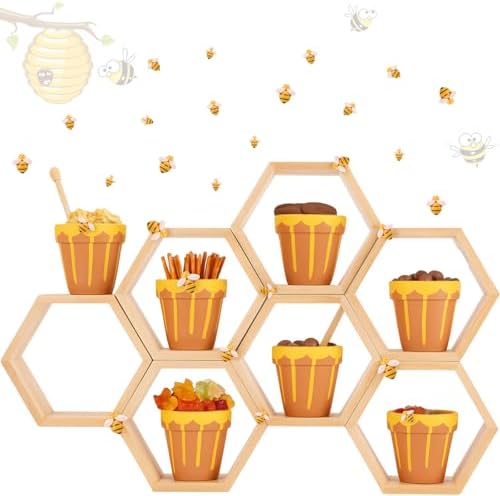 Cinnvoice 12 Set Ceramic Mini Honey Bee Pots with Honeycomb Stand Dippers Bee Charms Cupcake Planter Hexagon Display Holder Honey Party Favors for Baby Shower Guests Wedding Birthday Party Decor by QinYee