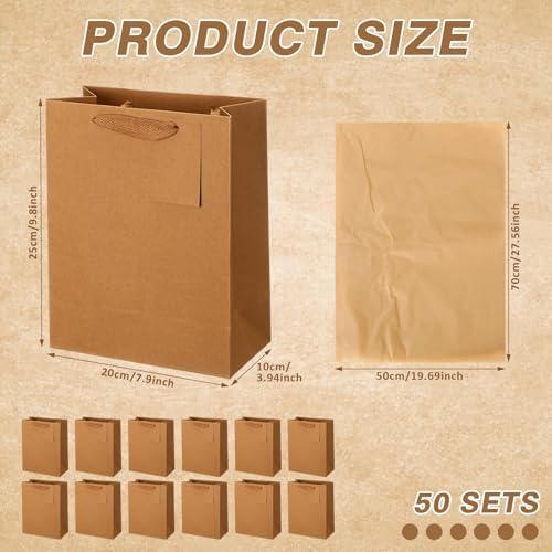Qilery 50 Pcs Wedding Paper Gift Bags Bulk with Tissue Paper Small Gift Bags with Handle and Tags for Birthday Wedding 4th of July Party Business(Brown,7.9 x 3.9 x 9.8'') - Image 2