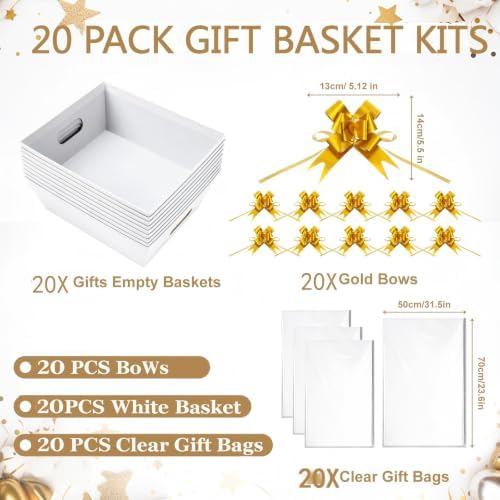 20PACK Baskets For Gifts Empty, 10 x 8” Thick White Gift Basket with 20 Bows 20 Bags Empty Gift Baskets for Christmas, Valentine’s Day, Easter, Birthdays, Valentine’s Day Wrapping Gift - Image 3