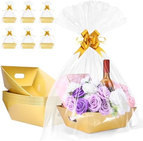 AFOROEOA 10PACK Gold Baskets For Gifts Empty, 10x12” Thick Gift Basket with 10 Bows 10 Bags Empty Gift Baskets for Christmas, Valentine’s Day, Easter, Birthdays, Valentine’s Day Wrapping Gift by AFOROEOA