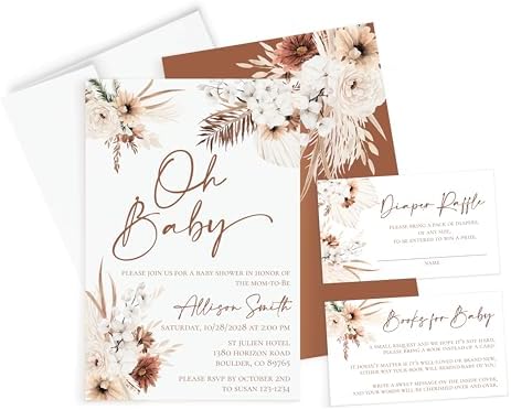 All Ewired Up Personalized Pampas Grass Oh Baby Greenery Boho Shower Invitations and Envelopes, Diaper Raffle Cards, Books Library Inserts, Baby in Bloom, Gender Neutral by AllEwiredUp