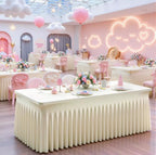 Beige Table Cloth for 8 Foot Rectangle Tables Fitted Stretch Spandex Table Cover with Skirt 8ft Baby Shower Birthday Party Banquet Ruffle Beige Tablecloth Wedding Table Cloths Desk Skirt, 6 Pack - Image 3