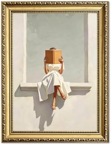 Minimalist Reader Wall Art Aesthetic Book Lover Wall Decor Picture Modern Girl Reading Window Poster Canvas Painting Print for Bedroom Living Library Room 12x16 inch Gold Framed by Unknown
