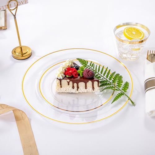 SUT 175 Pcs Gold and Clear Plastic Dinnerware Set for 25 Guests, Include: 25 Dinner Plates, 25 Dessert Plates, 25 Pre Rolled Napkins With Silverware, 25 Cups, Disposable Plates for Party, Wedding - Image 3