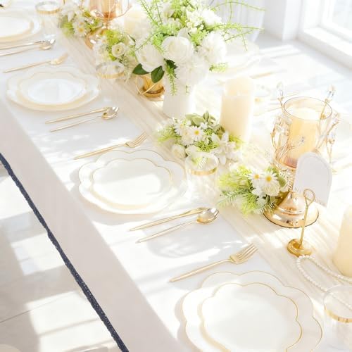 ejonirinjonir 180pcs Elegant Gold Rim Ivory Plastic Plates for Wedding Gala - Image 5