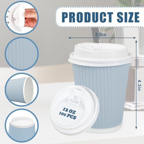 Whaline 100 Pcs Light Blue Disposable Coffee Cups with Lids 12 Oz Solid Blue Paper Cups Corrugated Ripple Wall Insulated Hot Cup for Home Office Party Supplies - Image 2