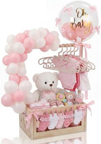 Wooden Baby Shower Crate Closet with Hanger Rack, Pink Bow Baby Gifts Basket with Balloon Accessories, DIY Babies Welcome Box for Pregnancy New Parent by Acellegic