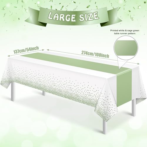 12Pcs White and Sage Green Tablecloth Decorations,Plastic White Table Cloth Printed Green Table Runner Disposable Rectangle Tables Cover for Birthday Wedding Anniversary Graduation Party,54 x108 Inch - Image 2