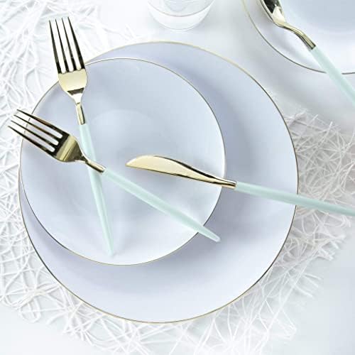 Luxe Party 128 Pieces Two Tone Plastic Disposable Cutlery | Forks-Spoons-Knives | Full Size | Chic Round | Mint and Gold - Image 5