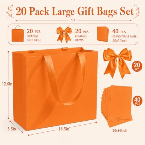 Catlovecorn 20 Pack Large Orange Gift Bags, 16.5 x 5.5 x 12.6 In - Image 4