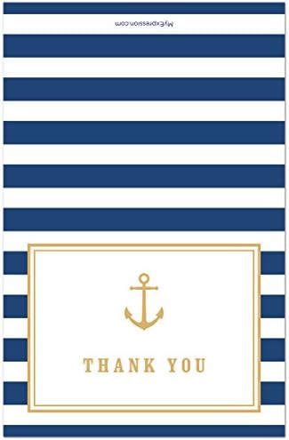 MyExpression.com 50 Cnt Navy Stripes Gold Anchor Nautical Baby Shower Thank You Cards - Image 2
