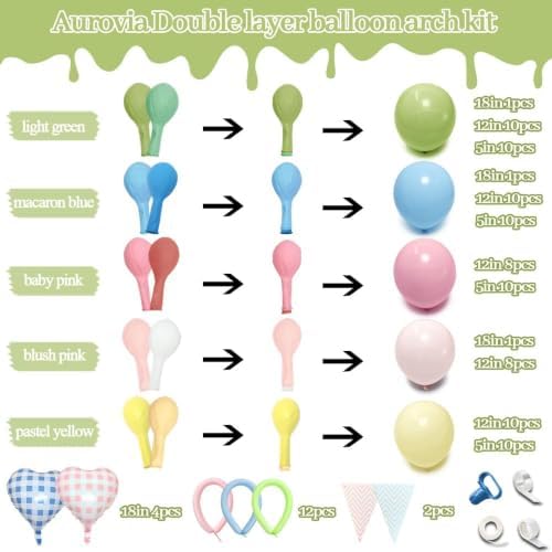 Pastel Balloon Arch Kit Double Stuffed Light Pink Blue Yellow Green Balloon Garland Gingham Heart Foil Balloons for Birthday Baby Shower Gender Reveal Wildflower Tea Party Decorations - Image 3