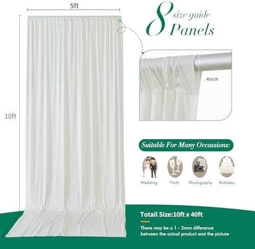 40 ft x 10 ft Wrinkle Free Ivory Backdrop Curtain for Wedding Parties, Polyester Ivory Photo Backdrop Drapes 8 Panels 5x10ft for Baby Shower Photoshoot Engagement Birthday Party Photography Background - Image 5