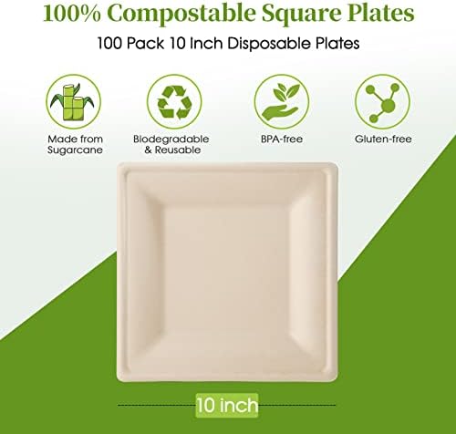 ECOLipak 100 Piecs Compostable Square Paper Plates, 10 inch, Nature - Image 2