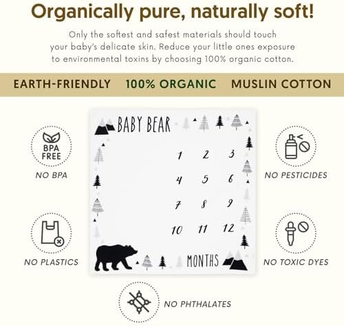 Pondering Pine Organic Baby Monthly Milestone Blanket Boy - Baby Bear Blanket with Month Marker Frame and Newborn Announcement Disc - 1-12 Months Milestones, Woodland, 47”x47” - Image 3