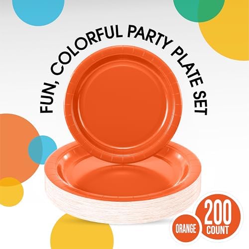 Party Solids Exquisite Orange Paper Plates Disposable Heavy Duty 200 Pcs - 100-7 & 100-9 Orange Disposable Plates for Party Heavy Duty 350 GSM for Birthday Supplies - Image 2