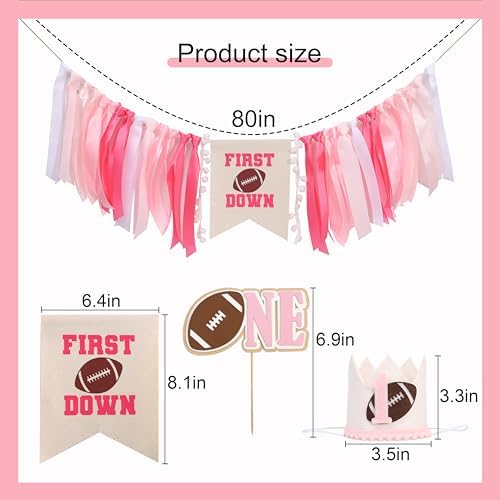 Girls First Year Down Birthday Decorations - Pink Football Theme Party Highchair Banner Set, Sports Touchdown Cake Smash Photo Props, 1st Birthday Cake Topper And Crown For Girls, Baby Shower Decors - Image 2