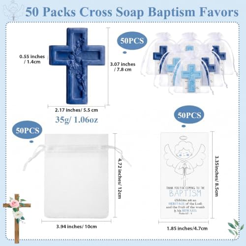 50 Pack Cross Scented Soap Baptism Favors with Cards Bags Guest Gifts,Blue - Image 2