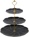 DUJUST Luxury Larger 3-Tier Cupcake Stand Tower, British Style Porcelain Serving Tray with Golden Trim, Food Grade Dessert Display Stand for Tea Party & Home Décor - 45% Black Larger Plates by DUJUST