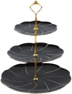 DUJUST Luxury Larger 3-Tier Cupcake Stand Tower, British Style Porcelain Serving Tray with Golden Trim, Food Grade Dessert Display Stand for Tea Party & Home Décor - 45% Black Larger Plates by DUJUST