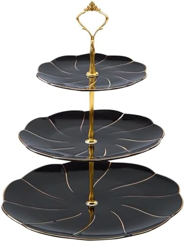 DUJUST Luxury Larger 3-Tier Cupcake Stand Tower, British Style Porcelain Serving Tray with Golden Trim, Food Grade Dessert Display Stand for Tea Party & Home Décor - 45% Black Larger Plates by DUJUST