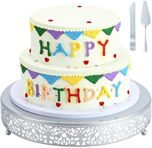 Wenqik 14 Inch Silver Cake Stand Metal Round with Cutter Spatula,Classic by Wenqik