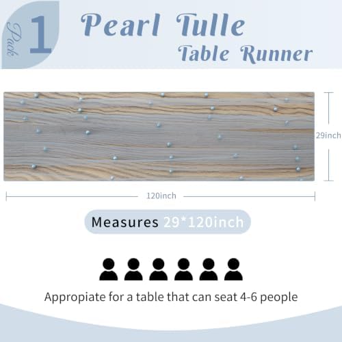 Set of 6 Pearl Table Runner 29 x 120 Inch Dusty Blue Tulle Fabric Lace Table Runners Boho Rustic Table Runners for Bridal Shower Birthday Party Wedding Arch Aisle Veil Dessert Table Decor(Dusty Blue) - Image 3