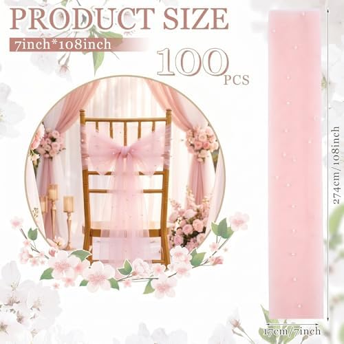 VitalCozy 100 Pack Pink Pearls Vintage Chair Sashes with Bows Wedding Decor - Image 2