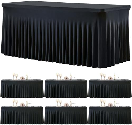 gogoparti 6 Pack Spandex Black Fitted Table Cloth for 8ft Rectangle Tables Black Stretch Tablecloth Table Covers Skirt Banquet Wrinkle Free Tablecloths for Parties Wedding by Gogoparti