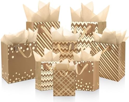 Tenare 24 Pcs Metallic Gold Gift Bags Bulk with Handle and 24 Tissue Paper Gold Foil Gift Bag for for Graduation Wedding Groomsmen Bridal Baby Shower Gifts Holiday Party Favors 3 Size 4.5’’ 9’’ 13’’ by Tenare