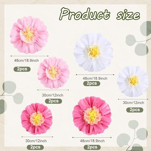 Lincia 80 Pcs Giant Tissue Paper Flowers with Artificial Eucalyptus Leaves, Large Paper Flower Decoration for Wall Tea Party Supplies Baby Shower Birthday Nursery Room Wedding(Cute Color,24''/12'') - Image 2