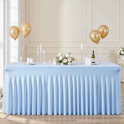 Suppromo 8ft Baby Blue Spandex Table Cloths for Rectangle Tables Wrinkle Free Rectangle Tablecloths, Stretch Fitted Table Cover with Skirt for Baby Shower Boy Birthday Party Wedding Banquet Buffet - Image 2
