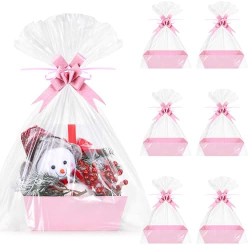 6 Pack Pink Baskets For Gifts Empty, 10x8x3.5" Thick Paper Basket with 6 Clear Bags and 6 Pink Bows, Empty Gift Baskets for Baby Shower Valentine Bridal Birthday Party Wrapping Gift by AFOROEOA