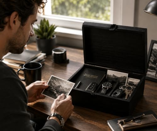 Keepsake Box,Large Acacia Wooden Memory Box Jewelry Box and Photo Storage Box for Wedding Baby Shower Decorative Storage Treasure Boxes with Lids (Black) - Image 5