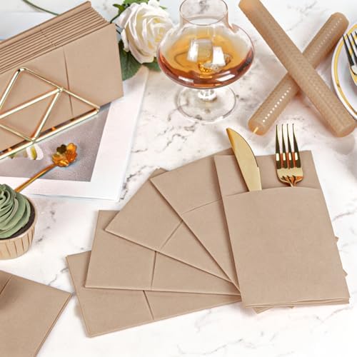 KAMMAK Khaki Napkins Disposable with Pocket 100 Pack Cloth like Paper Dinner Napkins Folded Hand Towel for Party Decoration, Wedding Reception, Bathroon and Kitchen (16.5 x 16.5 inch) - Image 3