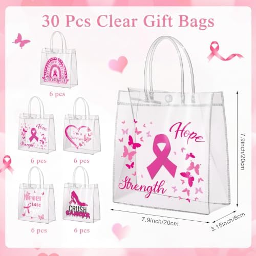 Canchiing 30 Pcs Breast Cancer Awareness Clear Gift Bags with Handles Reusable Pink Ribbon Treat Bags PVC Gift Wrap Totes for Breast Cancer Survivor Party Favor Items Accessories, 7.9 x 7.9 x 3.1 - Image 2