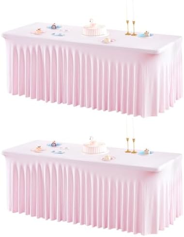 2 Packs Pink Table Clothes for 6 Foot Rectangle Tables, One-Piece Wrinkle Resistant Stretch Spandex Table Covers with Skirt for Event Banquet Wedding Birthday Party by PartyTalk