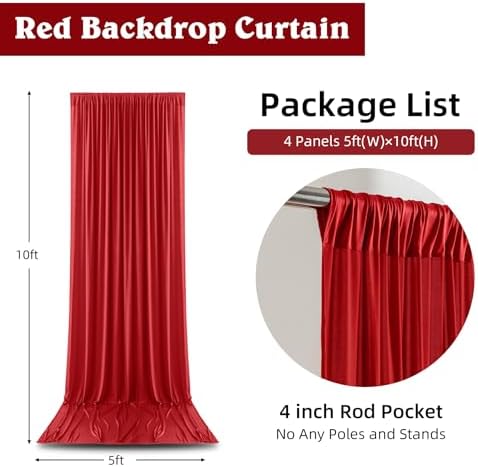 20ft x 10ft Wrinkle Free Red Backdrop Curtains for Parties, 4 Panels 5x10ft Polyester Photo Backdrop Drapes for Weddings Birthday Party Christmas Photography Background Cloth - Image 2